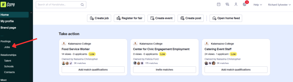 This image shows the Handshake employers dashboard with an arrow showing where to find job postings.