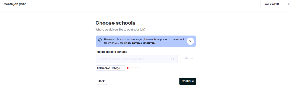 This image shows which schools need to be added to post jobs to. 