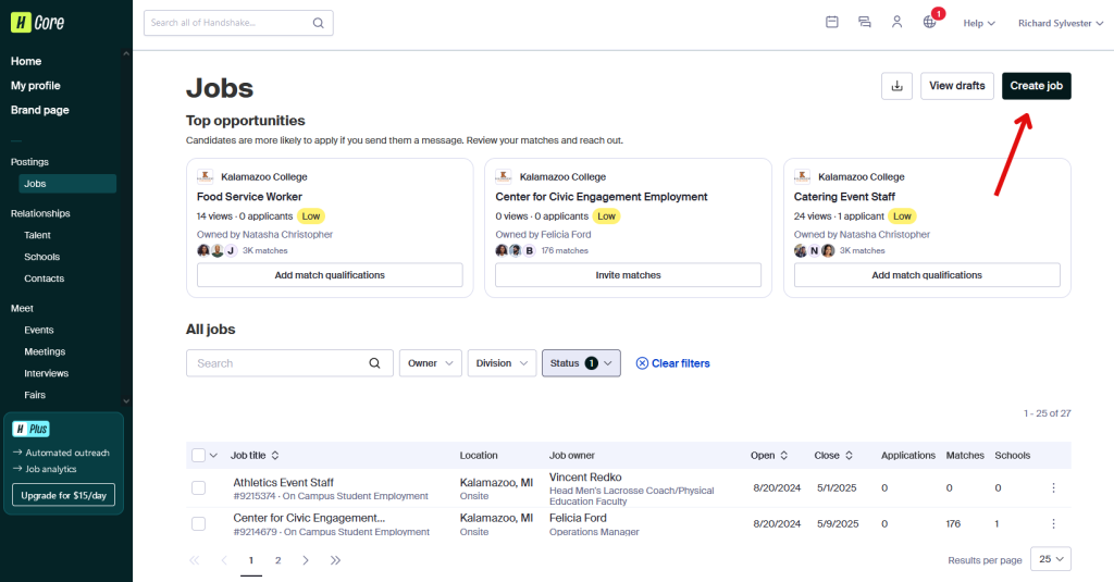 This image shows the jobs screen with an arrow showing where to create a new job posting.