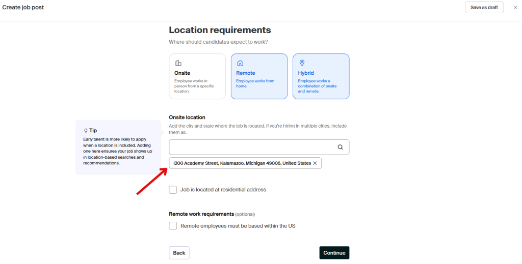 This image shows which street address that should be used for job postings. 