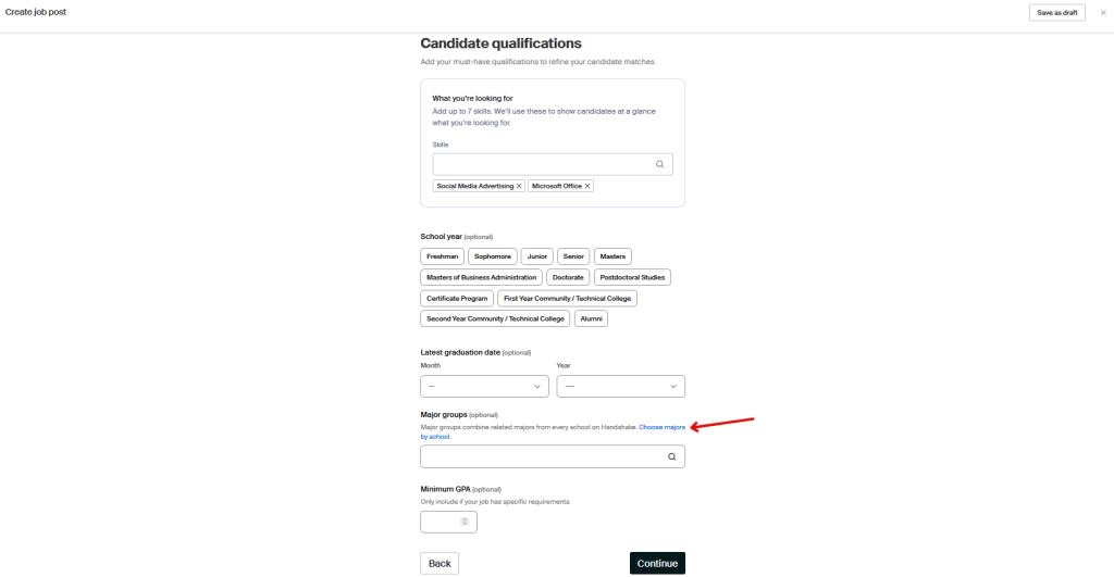 This image shows how to use the candidate qualifications features including Kalamazoo College majors.