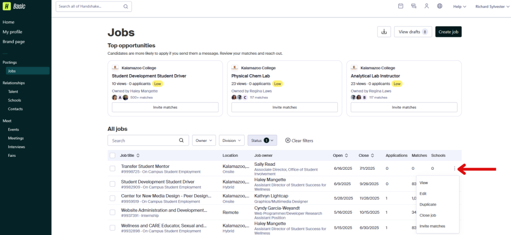 This image is of the Handshake jobs page with an arrow pointing to more options