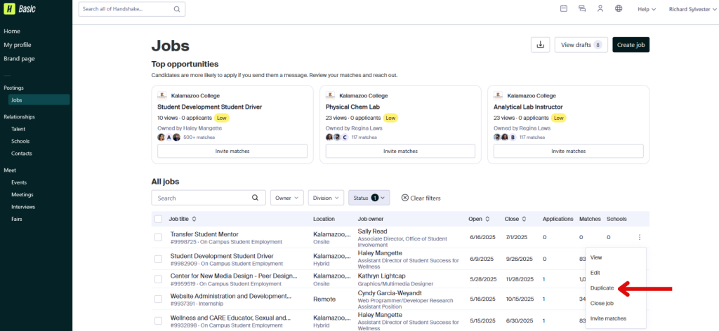 This image is of the Handshake jobs page with an arrow pointing to duplicate