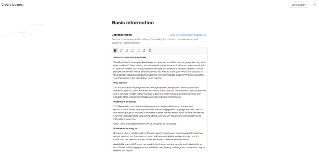 This image is of the new job creation page in Handshake