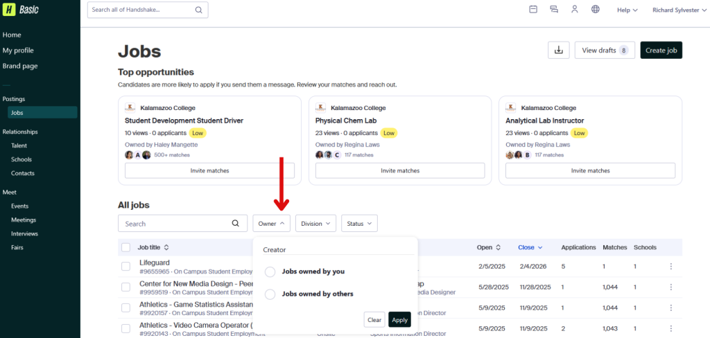 This image is of the Handshake jobs page with an arrow pointing to the owner filter