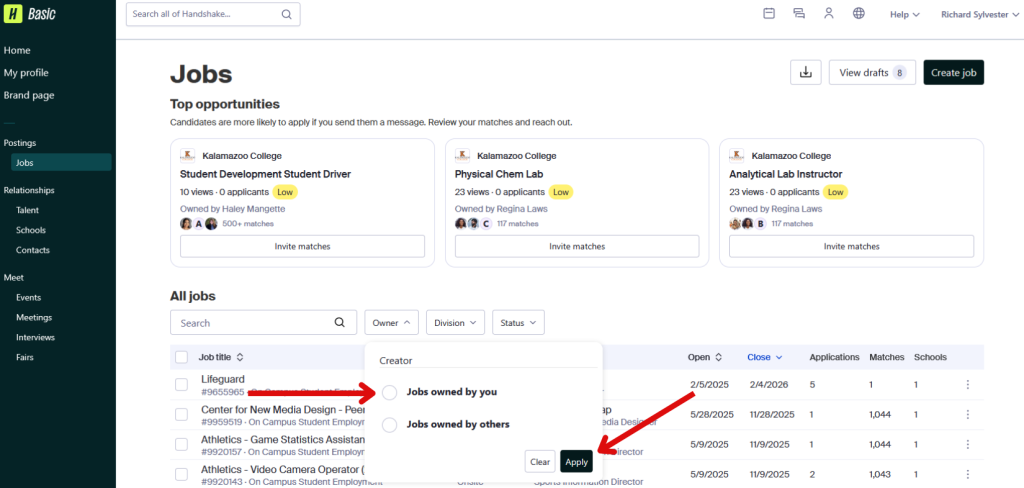 This image is of the Handshake jobs page with a arrows pointing to the 'jobs owned by you' and apply button.