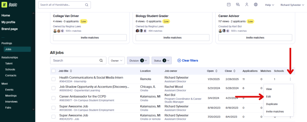 This image is of the Handshake jobs page with arrows pointing to more options and edit