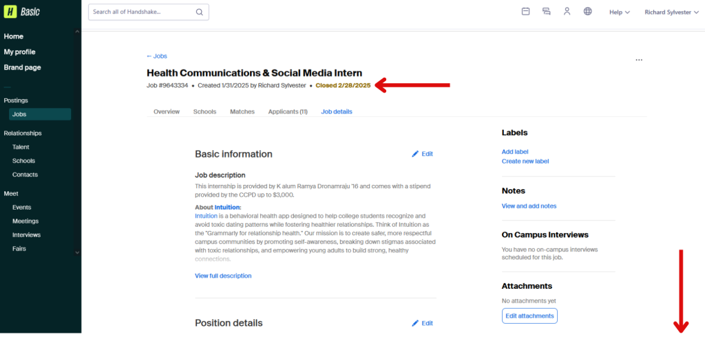 This image is of an expired job posting with arrows pointing to the close date and pointing down the page