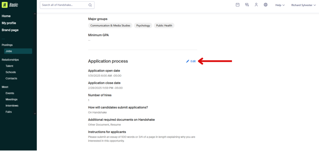 This image is of an expired job posting with an arrow pointing to the application process edit link
