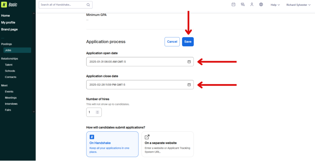 This image is of a job posting with arrows pointing to the application open date, application close date and save button