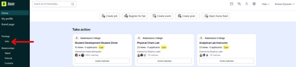 This image is of the Handshake employers home page with an arrow pointing to the jobs tab