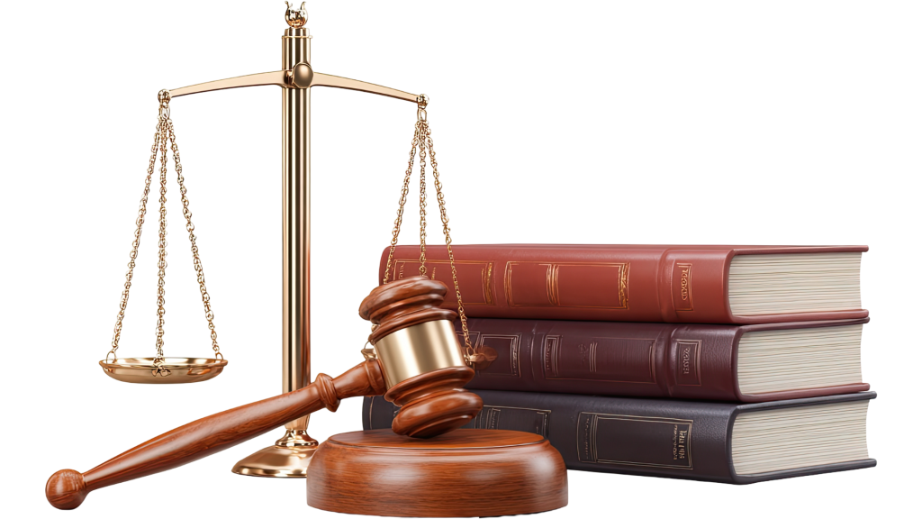 Law-related image that includes justice scales, a gavel and 3 law books.