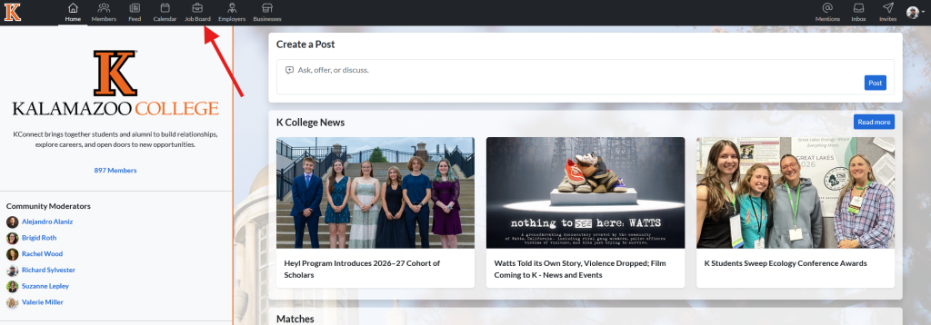 This image shows the KConnect homepage with an arrow pointing to the job board icon were users can go to create a new job or internship posting.