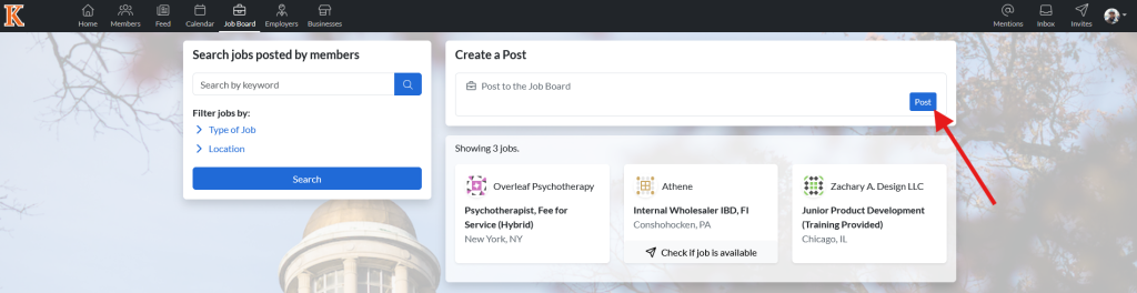 This image shows the KConnect job board page with an arrow pointing to the post button.