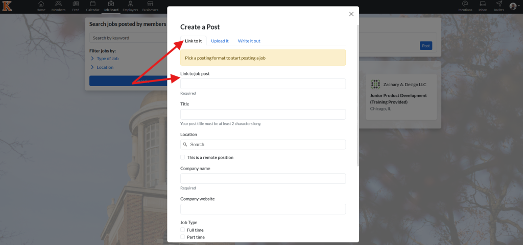 This image shows the create a post page arrows pointing to the tab labeled 'link to it' and an additional arrow pointed to the text box labeled 'link to job post'.