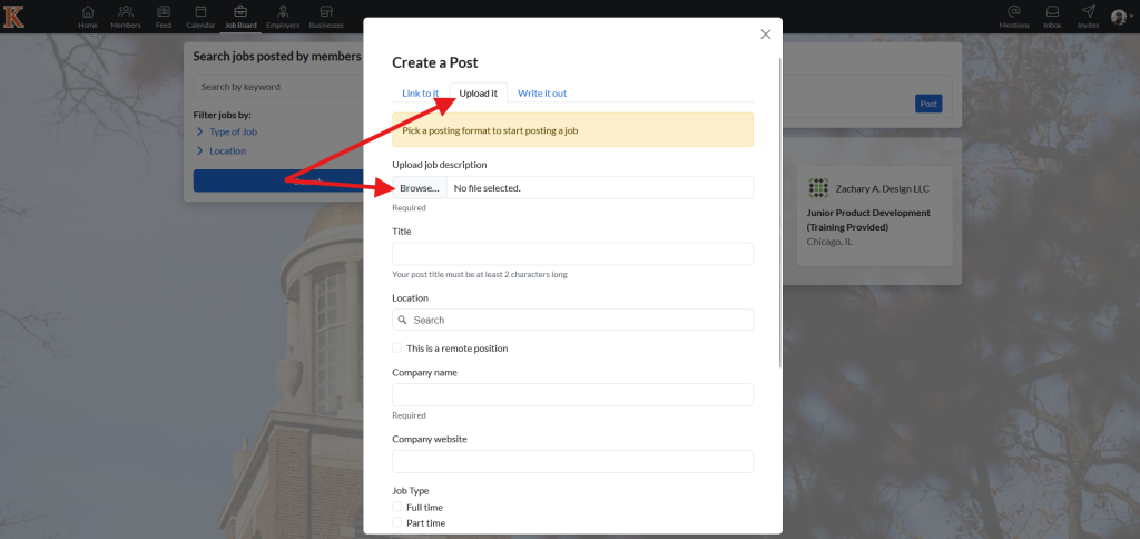 This image shows the create a post page arrows pointing to the tab labeled 'upload it' and an additional arrow pointed to the 'upload job description' box.