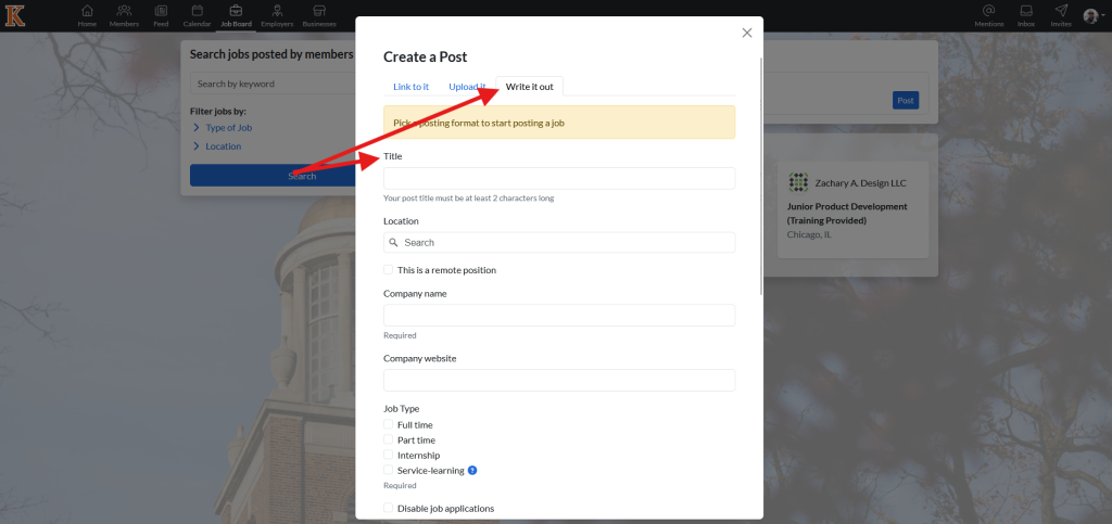 This image shows the create a post page arrows pointing to the tab labeled 'write it out' and an additional arrow pointed to the text box labeled 'title'.