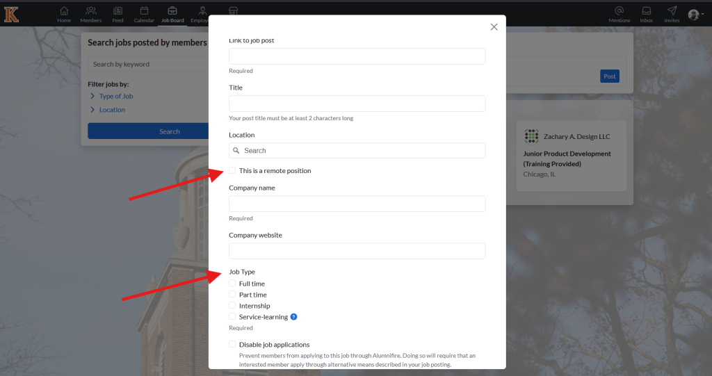 This image shows the create a post page arrows pointing to the check box labeled 'this is a remote position' and an additional arrow pointed to the check box labeled 'job type'.