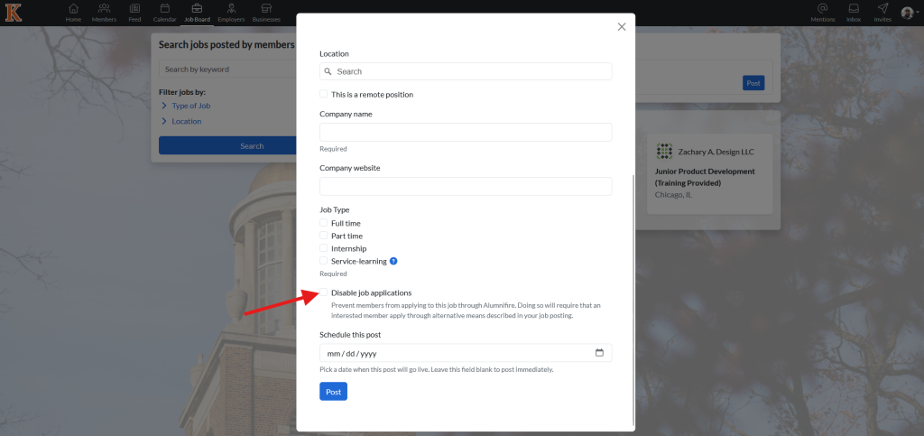 This image shows the create a post page arrows pointing to the check box labeled 'disable job applications'.