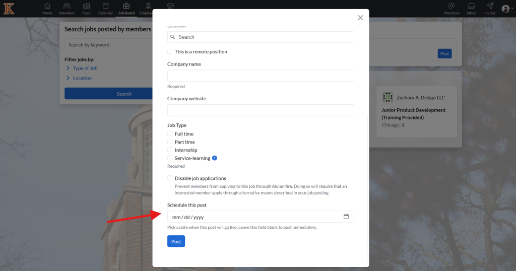 This image shows the create a post page arrows pointing to the text box labeled 'schedule this post'.