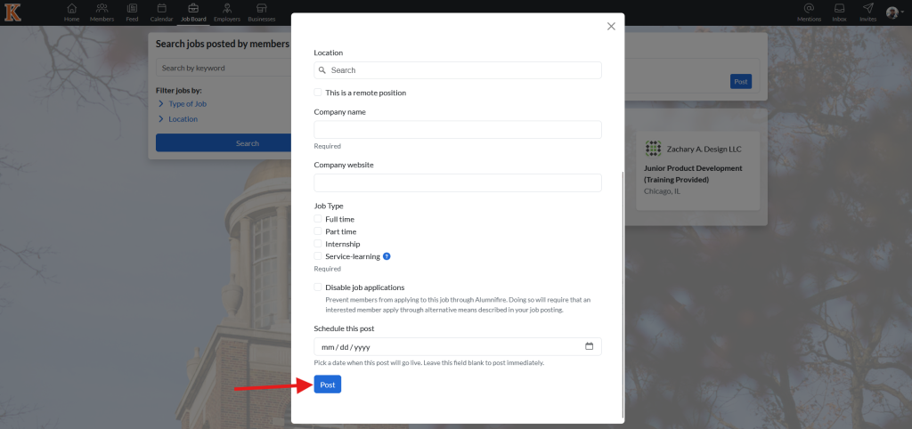 This image shows the create a post page arrows pointing to the button labeled 'post'.