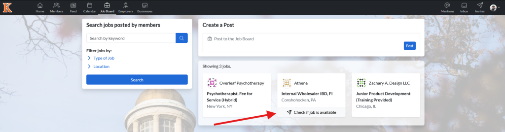 This image shows the KConnect job board page with an arrow pointing to a badge labeled ' check if a job is available'.