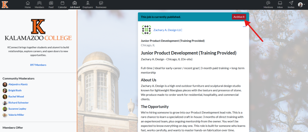 This image shows the KConnect job posting with an arrow pointing to the 'archive it'.